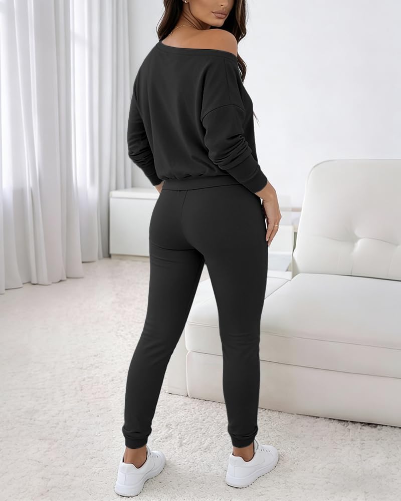 Women's 3 Piece Sweatsuit Ribbed Lounge Set Black