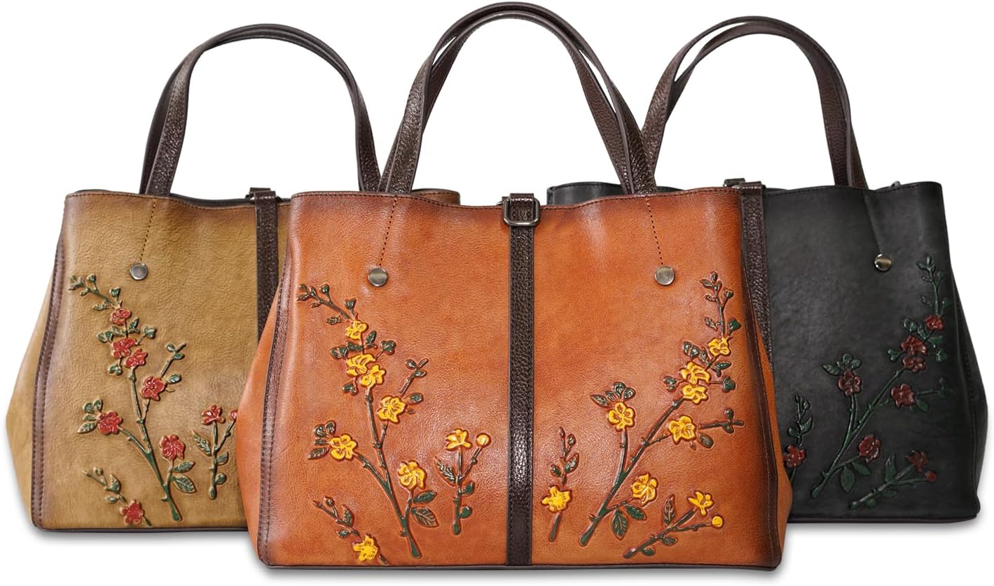 Women's Hand-Painted Floral Genuine Leather Tote Bag Orange Women's Hand-Painted Floral Genuine Leather Tote Bag Orange