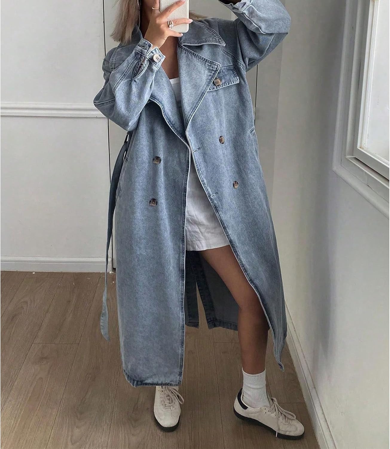 Women's Denim Trench Coat Long Sleeve Lapel Collar Double Breasted Belted Oversized Maxi Jean Jacket Duster Women's Denim Trench Coat Long Sleeve Lapel Collar Double Breasted Belted Oversized Maxi Jean Jacket Duster