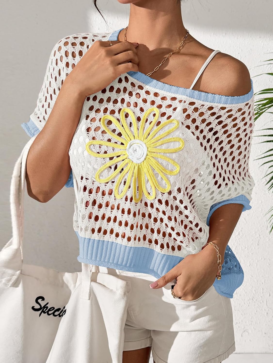Women's Daisy Applique Open Knit Pullover