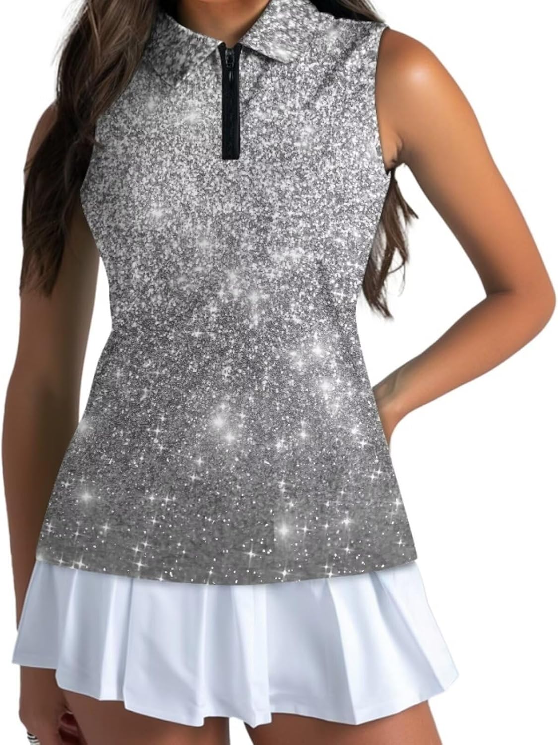 Women's Glitter Print Sleeveless Golf Polo Zip Collar