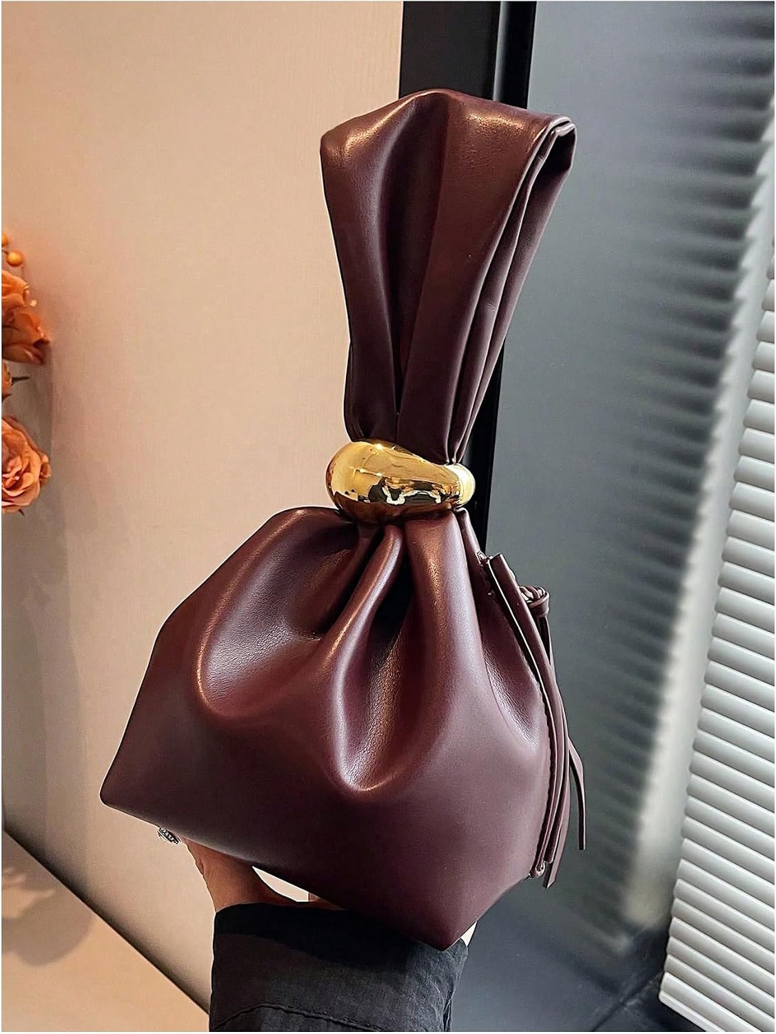 Women's Soft Leather Drawstring Clutch with Gold Clasp Burgundy Women's Soft Leather Drawstring Clutch with Gold Clasp Burgundy