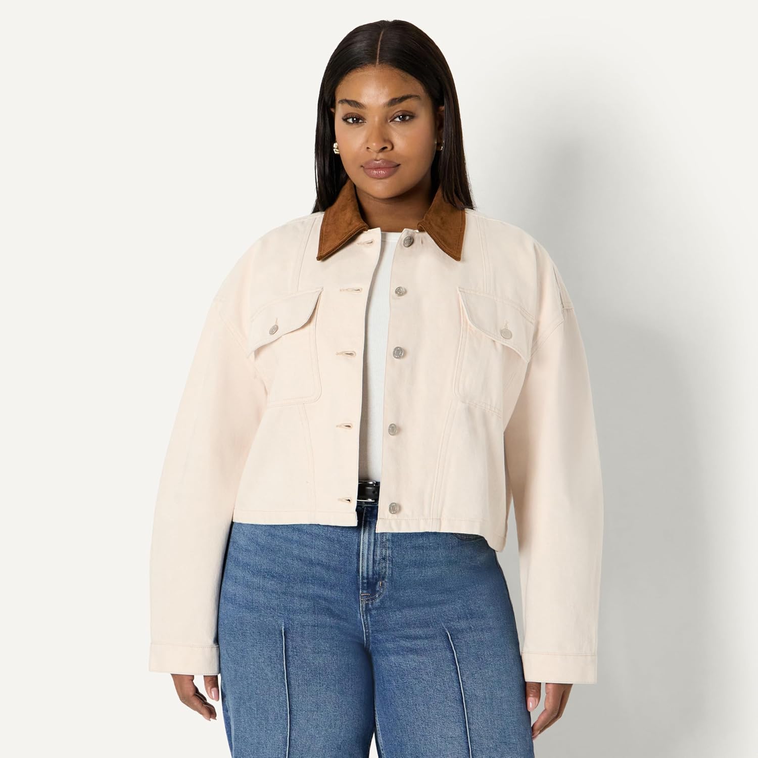 Women's Oversized Cropped Denim Jacket Corduroy Collar