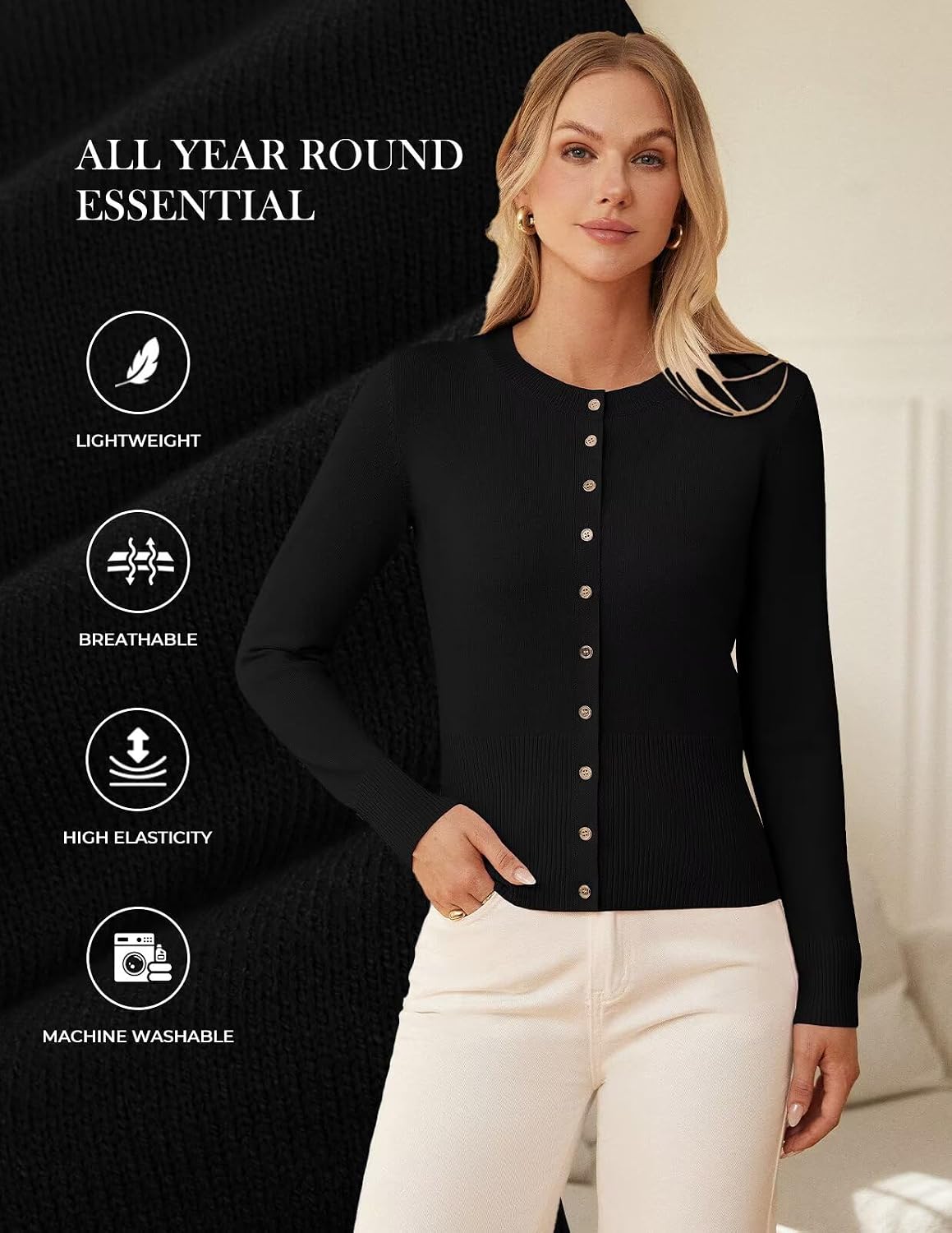 Women's Lightweight Spring Cardigan Long Sleeve Knit Crop Sweater Button Open Front Crewneck Jacket