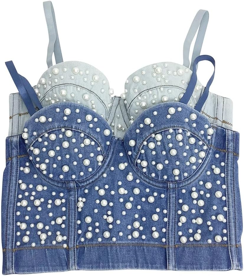 Women's Pearl Beaded Denim Bustier Crop Cami Top
