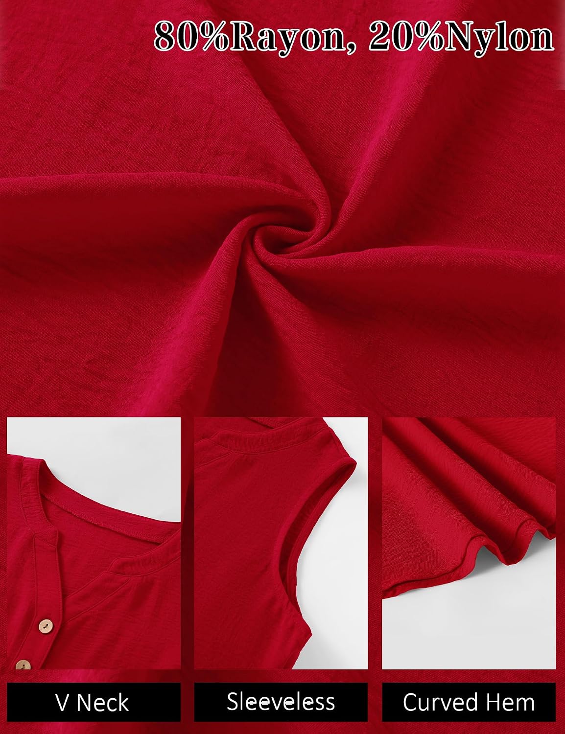 Women's V Neck Button Down Loose Tank, Red Women's V Neck Button Down Loose Tank, Red