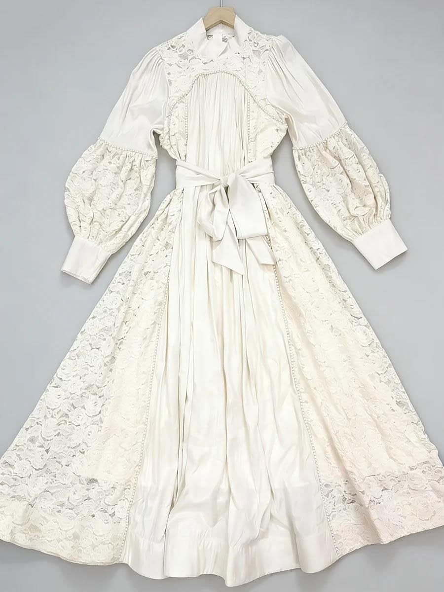 Women's Lace Patchwork Maxi Dress Lantern Sleeve Tie Waist
