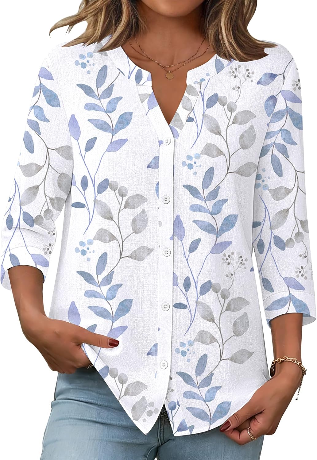 Women's Leaf Print Shirt 3/4 Sleeve V Neck Blue