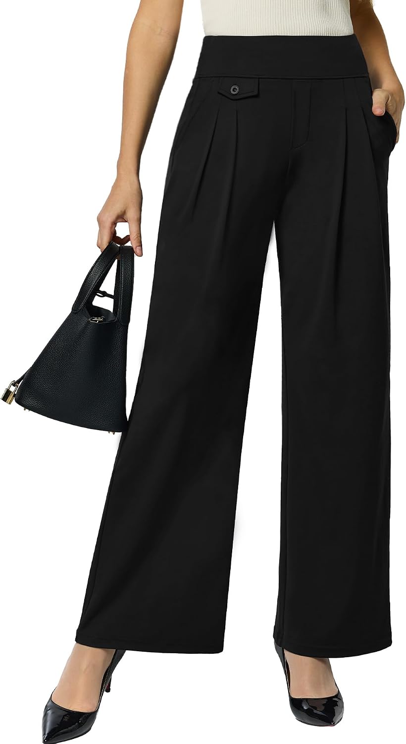 Women's High Waist Wide Leg Work Pants Drawstring Black