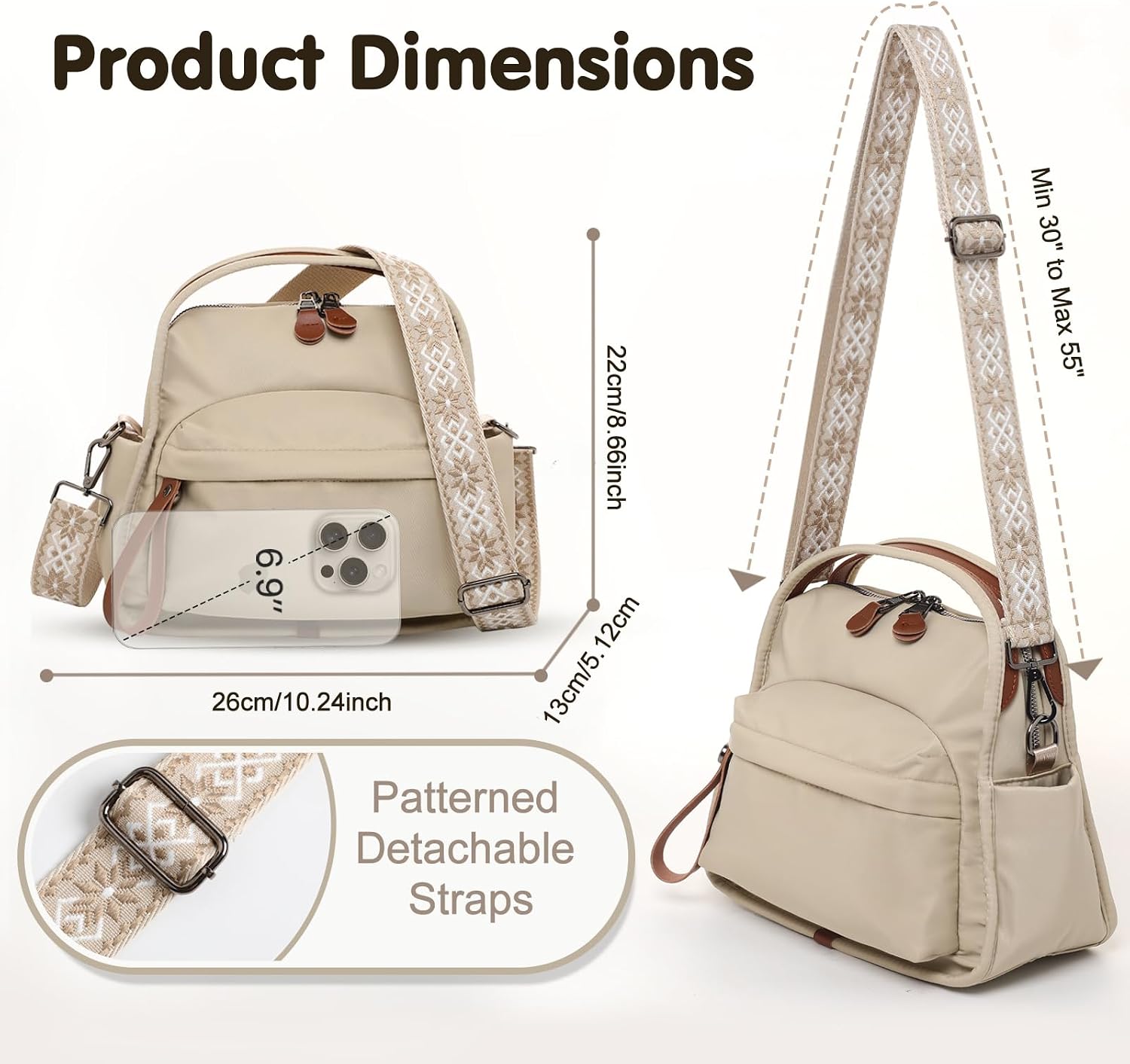 Women's Water-Resistant Nylon Top-Handle Crossbody Bag, Beige Women's Water-Resistant Nylon Top-Handle Crossbody Bag, Beige