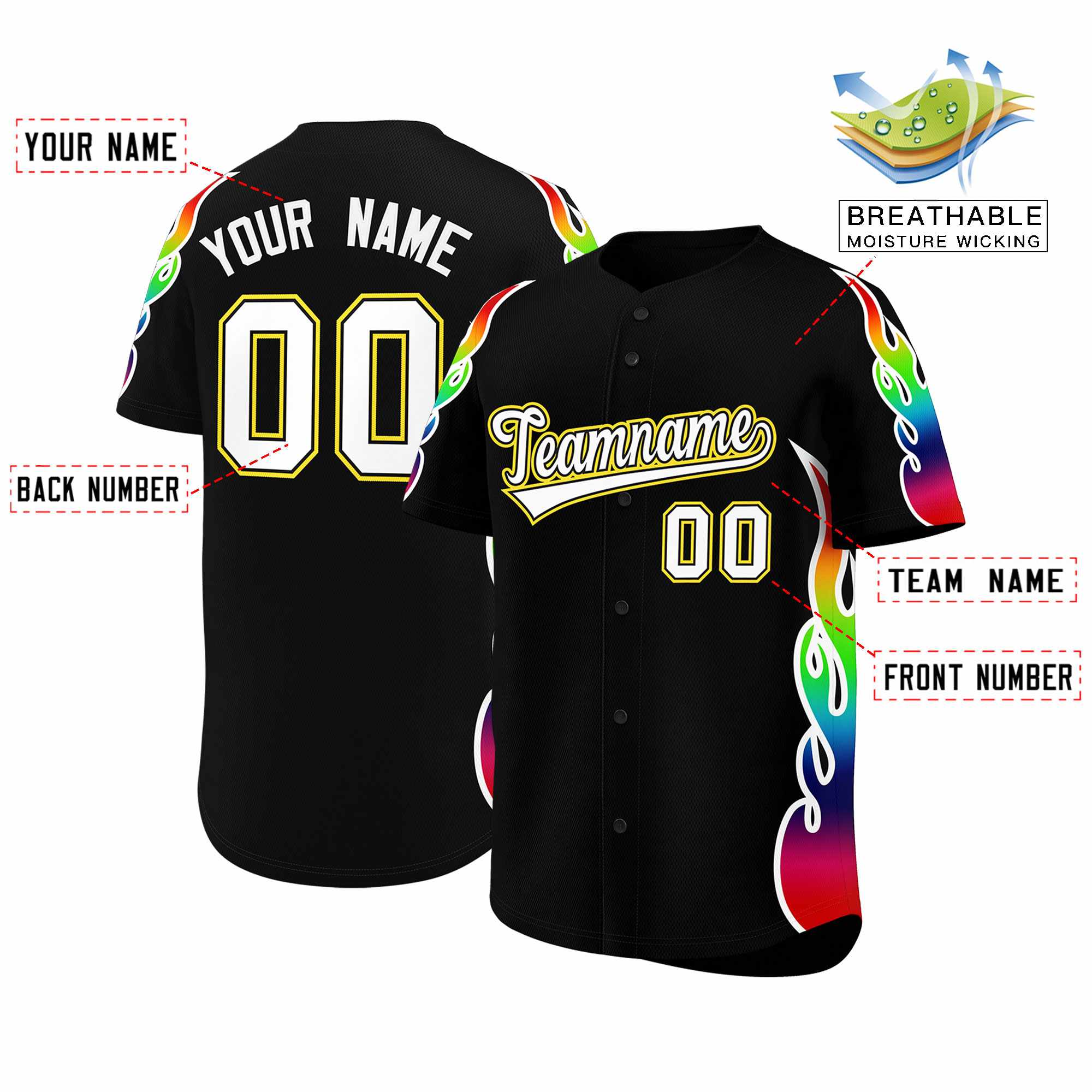 Benutzerdefiniertes Graffiti-Muster, personalisierter mehrfarbiger Flammendruck, authentisches Baseball-Trikot