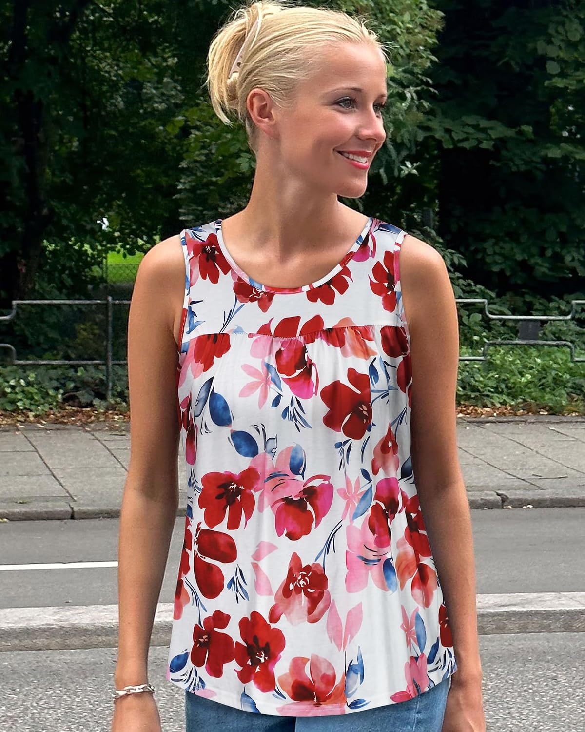 Women's Floral Print Sleeveless Flowy Tank, White
