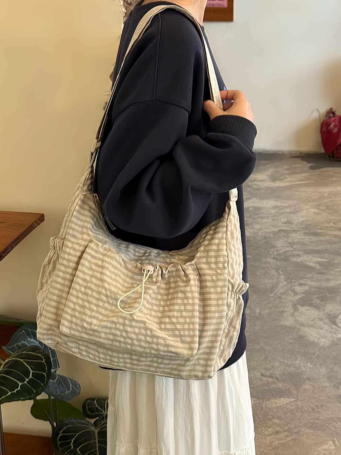 Women's Plaid Nylon Hobo Crossbody Bag with Drawstring Pocket