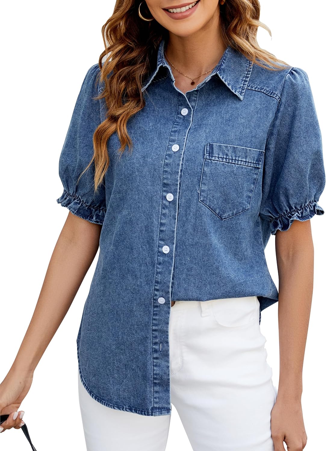 Women's Puff Short Sleeve Denim Shirt Button Down Blue