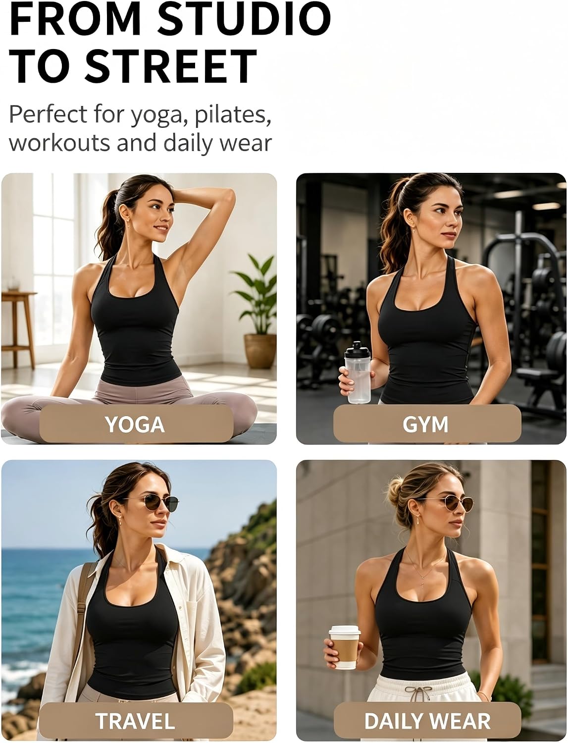 Women's Halter Workout Tank Backless Built in Bra Top