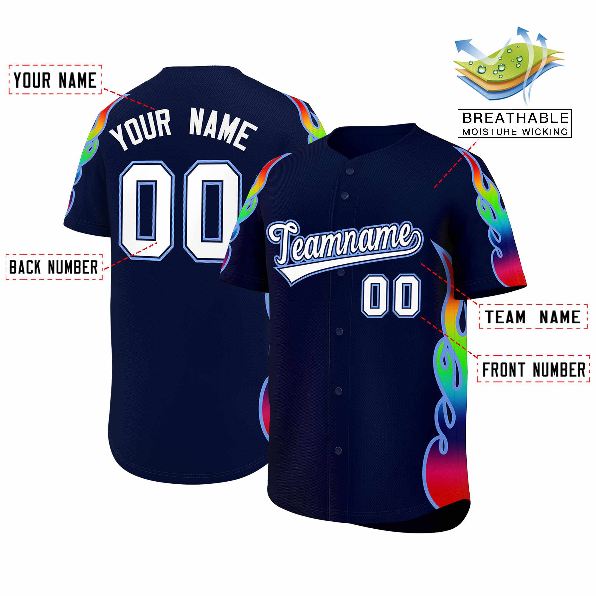 Benutzerdefiniertes Graffiti-Muster, personalisierter mehrfarbiger Flammendruck, authentisches Baseball-Trikot