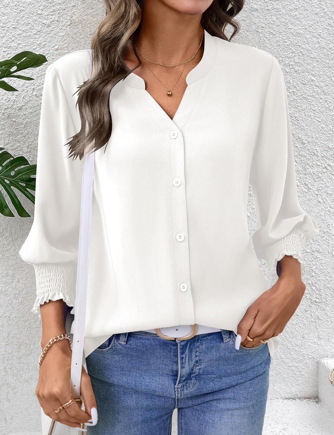 Button Down Shirts for Women 3-Quarter Length Sleeve Business Casual Blouses Summer Tops