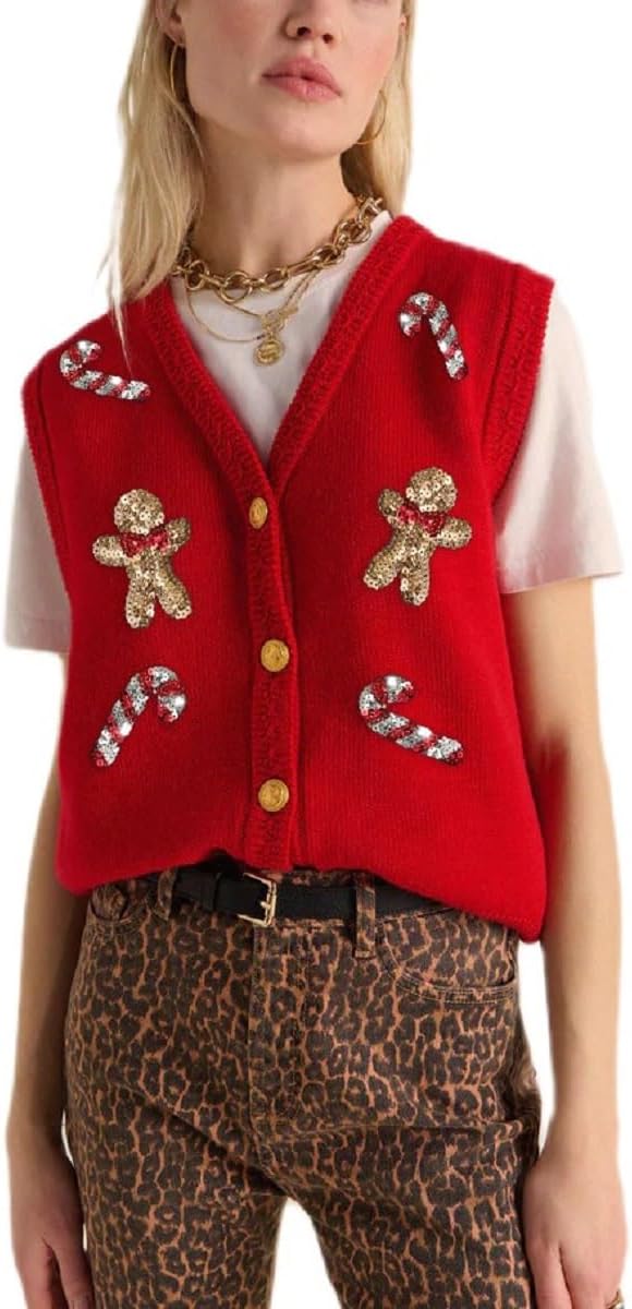 Women's Sequin Gingerbread V Neck Sweater Vest