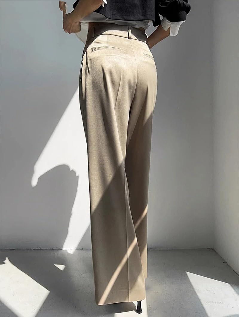 Women's High Waist Straight Trousers Loose Wide Leg Pants with Pockets Spring