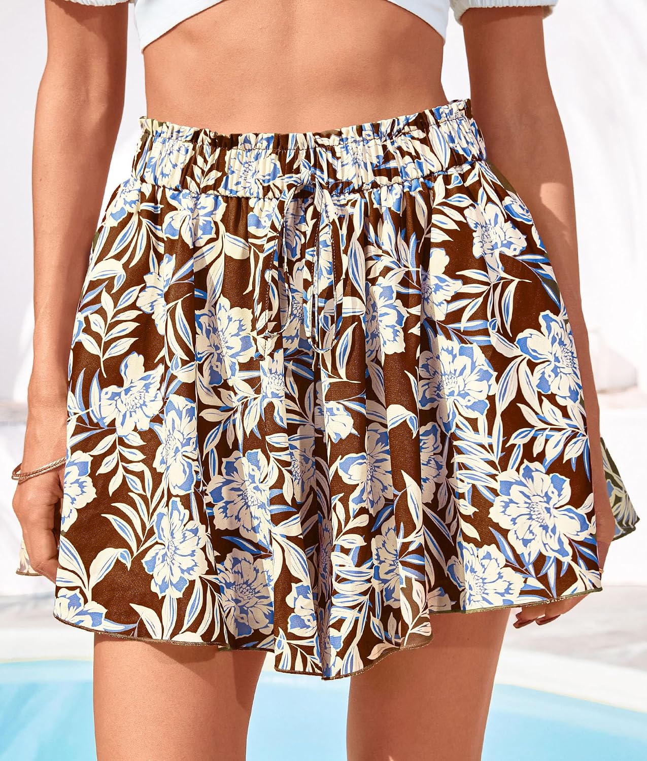 Women's Summer Wide Leg Flowy Shorts Elastic High Waisted Printed Pattern Ruffle with Pockets Casual Resort Wear Travel Outfits Beach Vacation Clothes