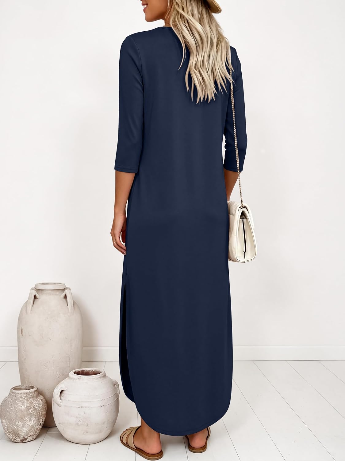 Women\u2019s 3-Quarter Sleeve Maxi Dress Pockets Soft Wrinkle Resistance Fabric Casual Loose Crewneck Split Travel Vacation Work All-Day Wear Fall Spring Transition Outfits