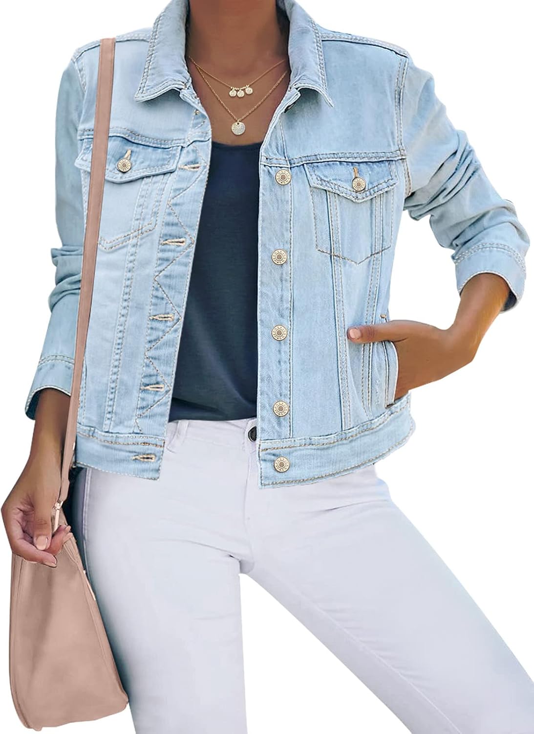 Women's Basic Button Down Stretch Fitted Long Sleeves Denim Jean Jacket
