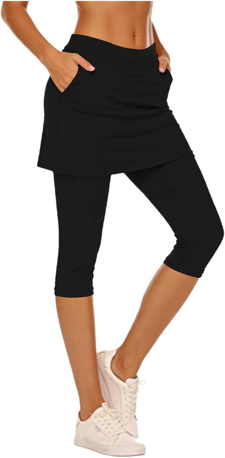 Skirted Leggings for Women with Pockets Stretch Capri Yoga Pants Tennis Golf Skorts Athletic Skirt Active Clothes