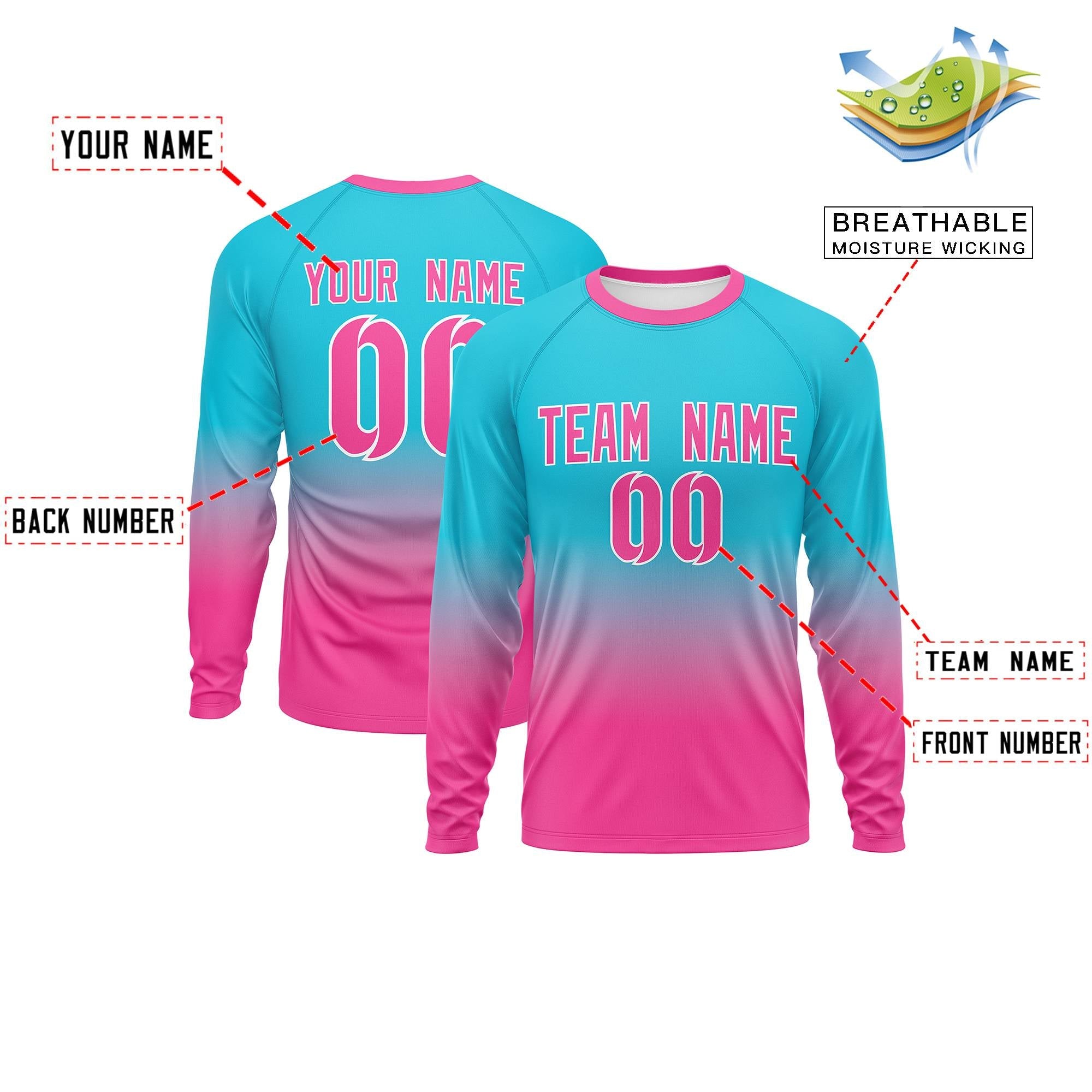 Benutzerdefiniertes himmelblau-rosa Farbverlaufs-Modedesign-Langarm-Performance-T-Shirt