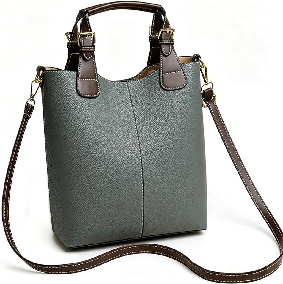 Women's Vegan Leather Bucket Handbag with Strap, Green
