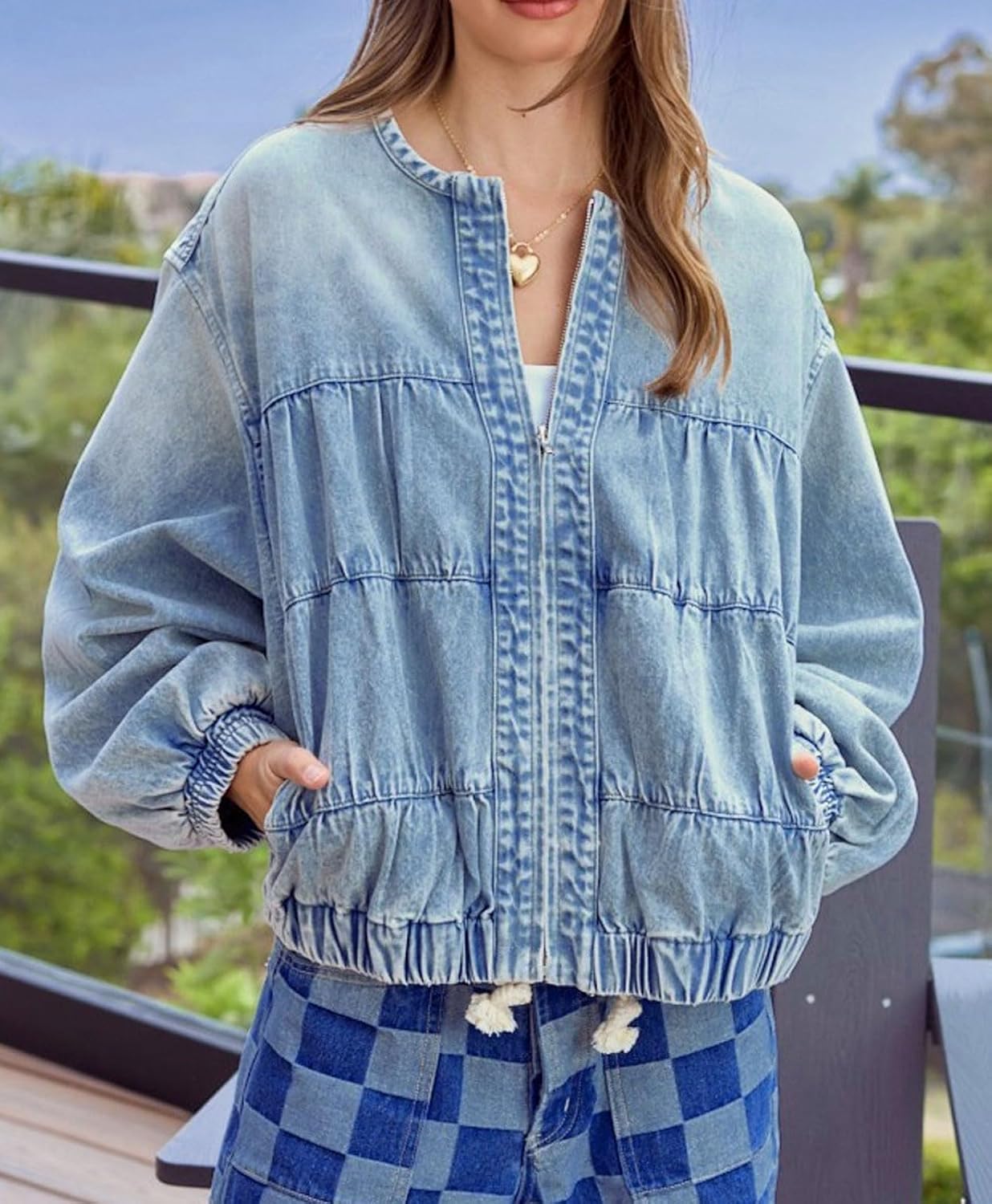 Women Zip Up Oversized Denim Jean Jacket Long Sleeve Distressed Patchwork Bomber Fall Trucker Coat Collarless