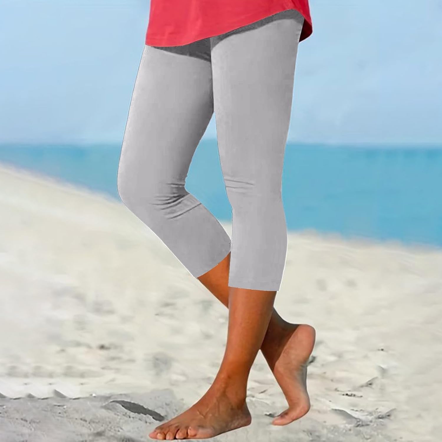 Capri Leggings for Women 3/4 Length High Waisted Yoga Pants Elastic Comfy Summer Travel Cropped Solid Capris