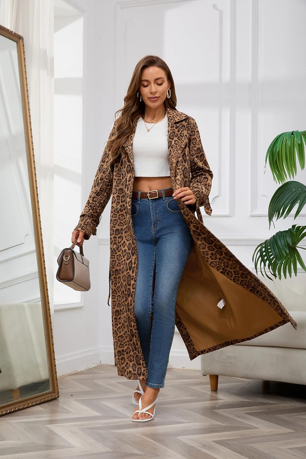 Womens Faux Suede Long Trench Coat Notched Lapel Double Breasted Pea Overcoat with Belt