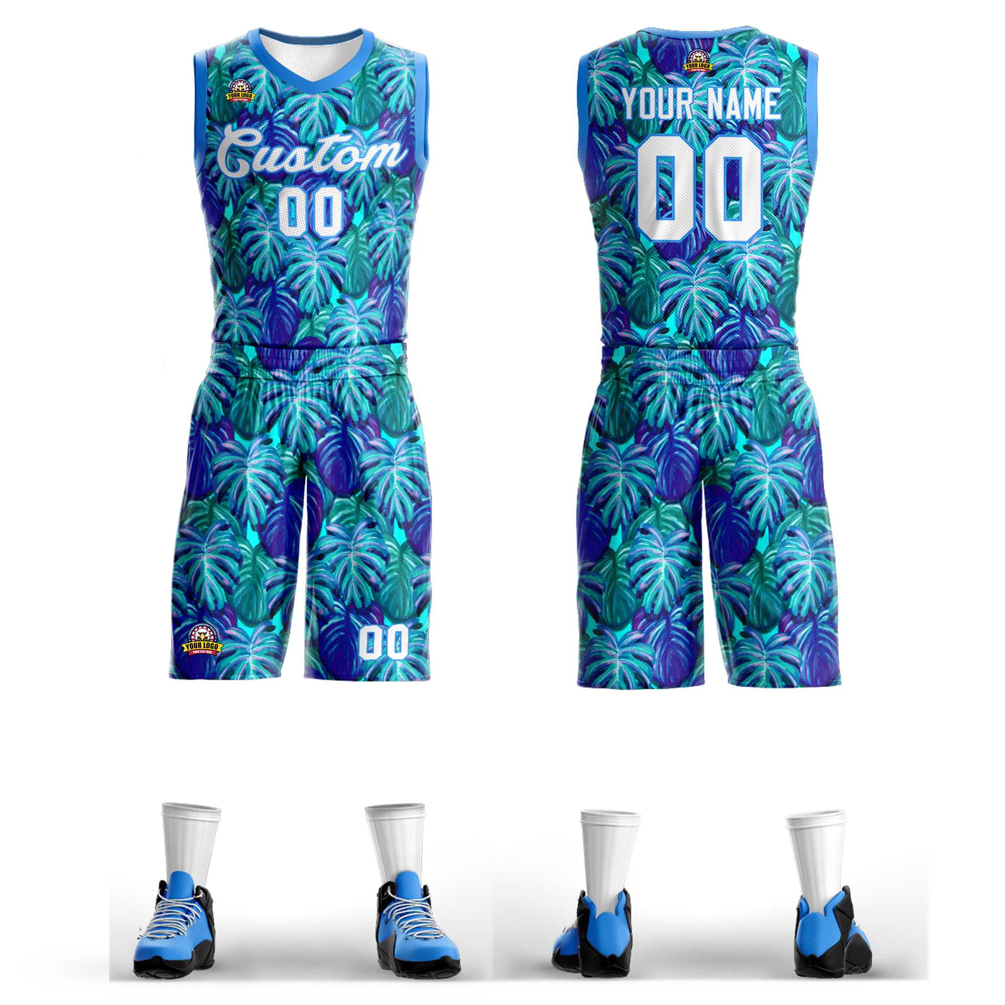 Benutzerdefinierte weiß-puderblaue Graffiti-Muster-Sets Mesh-Basketballtrikot