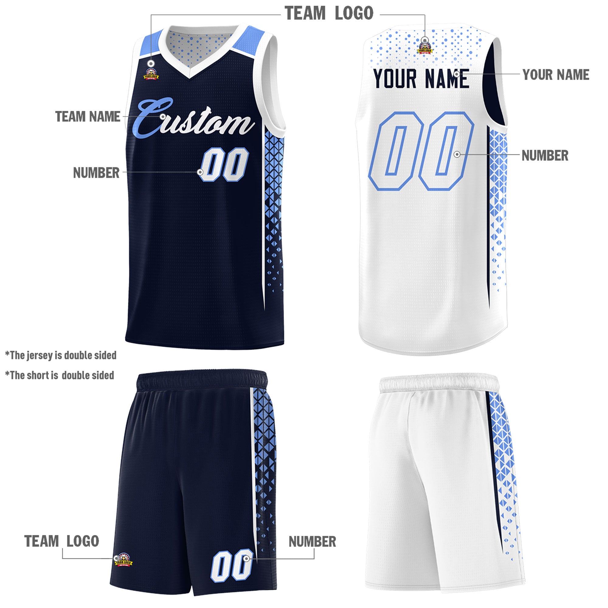 Maßgeschneidertes marineblaues weißes seitliches Farbverlaufsmuster doppelseitiges Sportuniform-Basketballtrikot