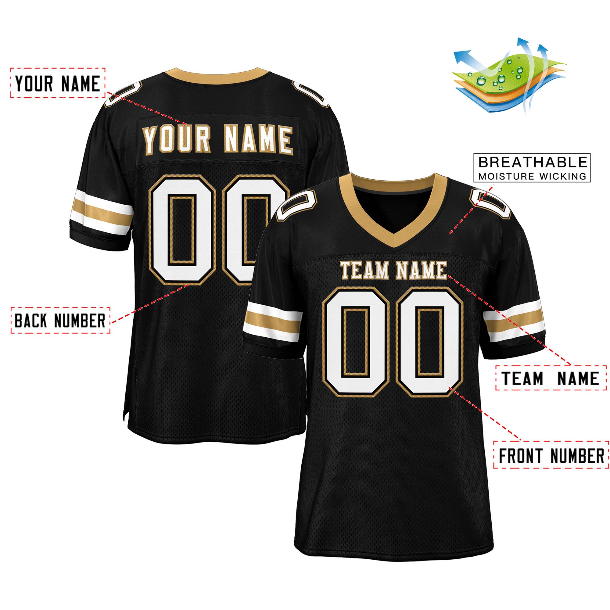 Maßgeschneidertes authentisches Mesh-Fußballtrikot im klassischen Schwarz-Weiß-Altgold-Stil