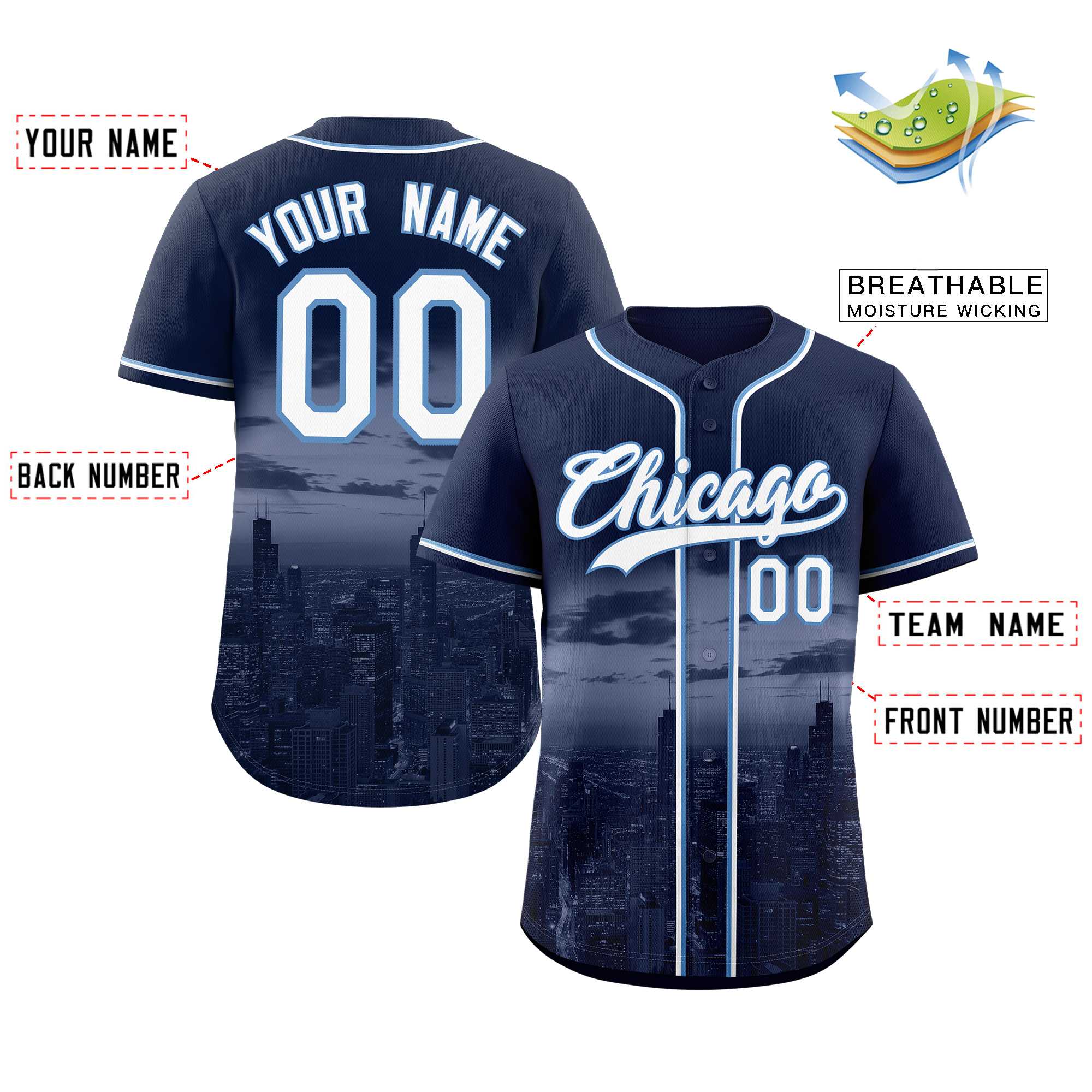 Benutzerdefiniertes weiß-hellblaues Chicago City Skyline Baseball-Trikot