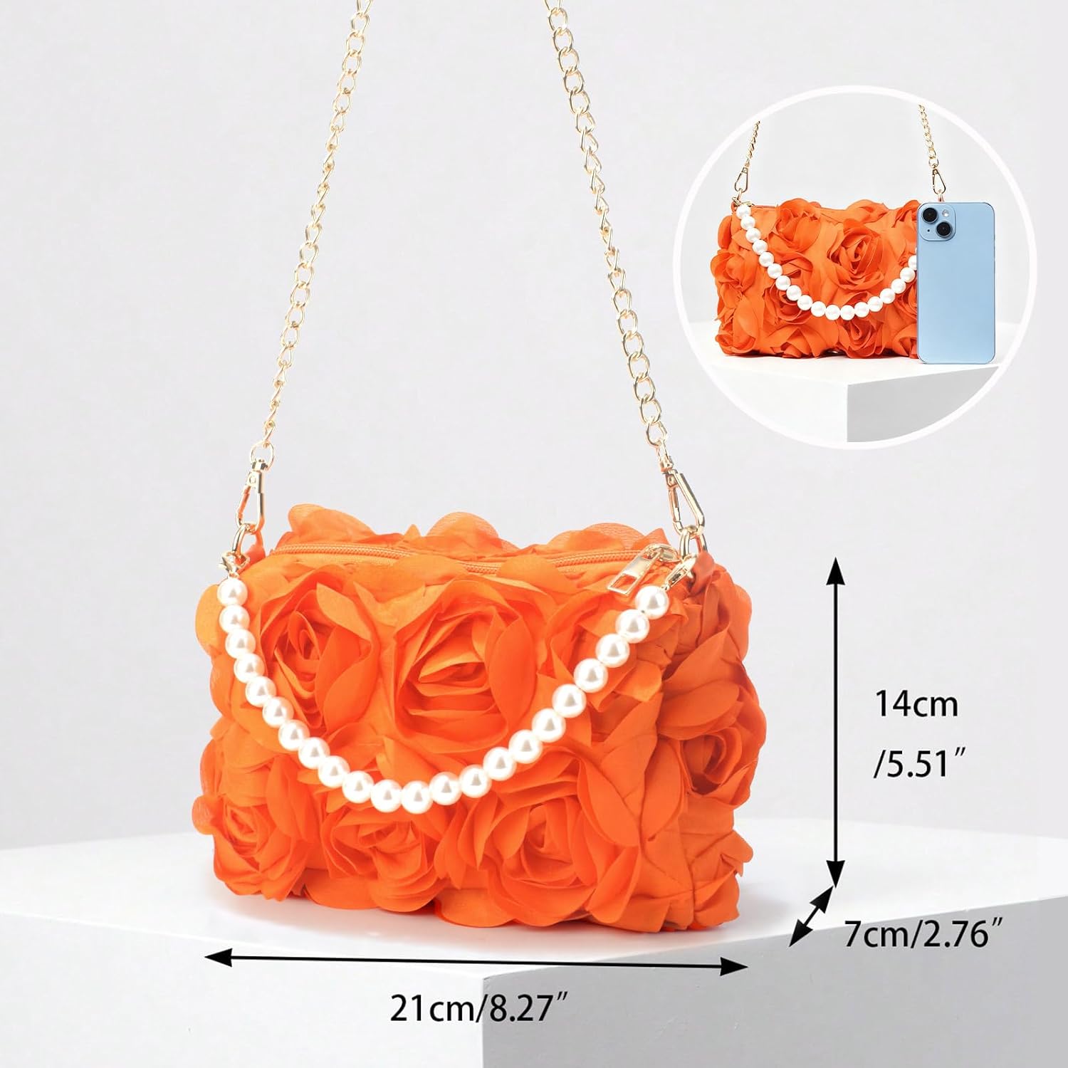 Women's Orange 3D Flower Clutch with Pearl Handle