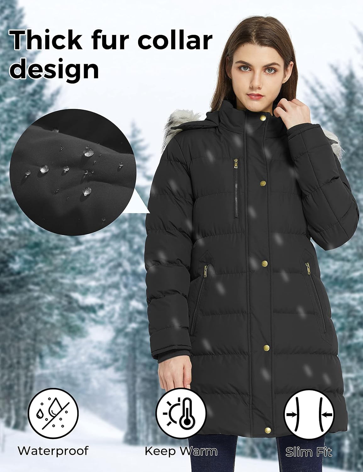 Women's Mid-Length Puffer Parka Faux Fur Trim Hood Black