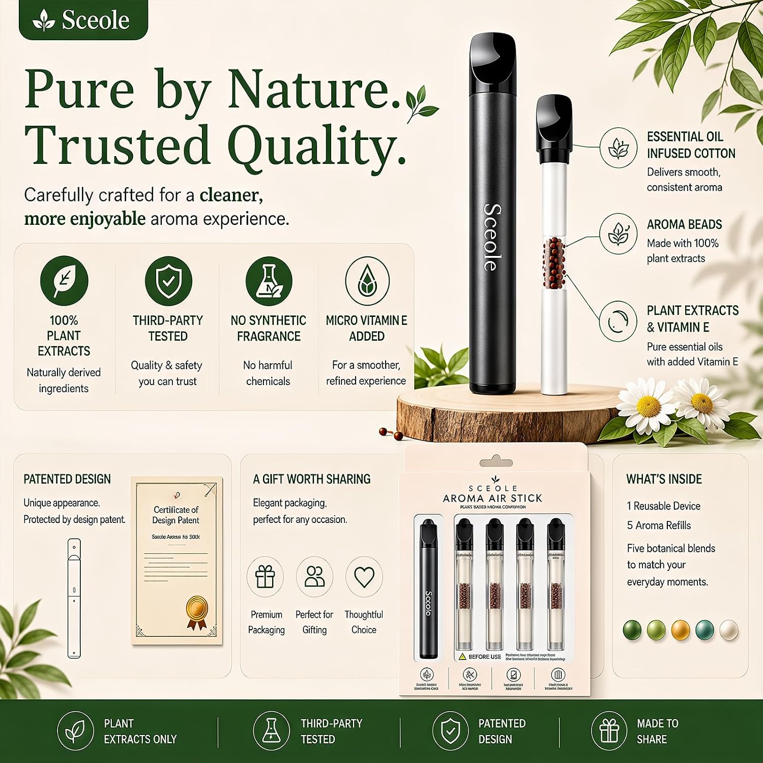 Natural Botanical Aroma Stick with 5 Plant-Based Refill Cores