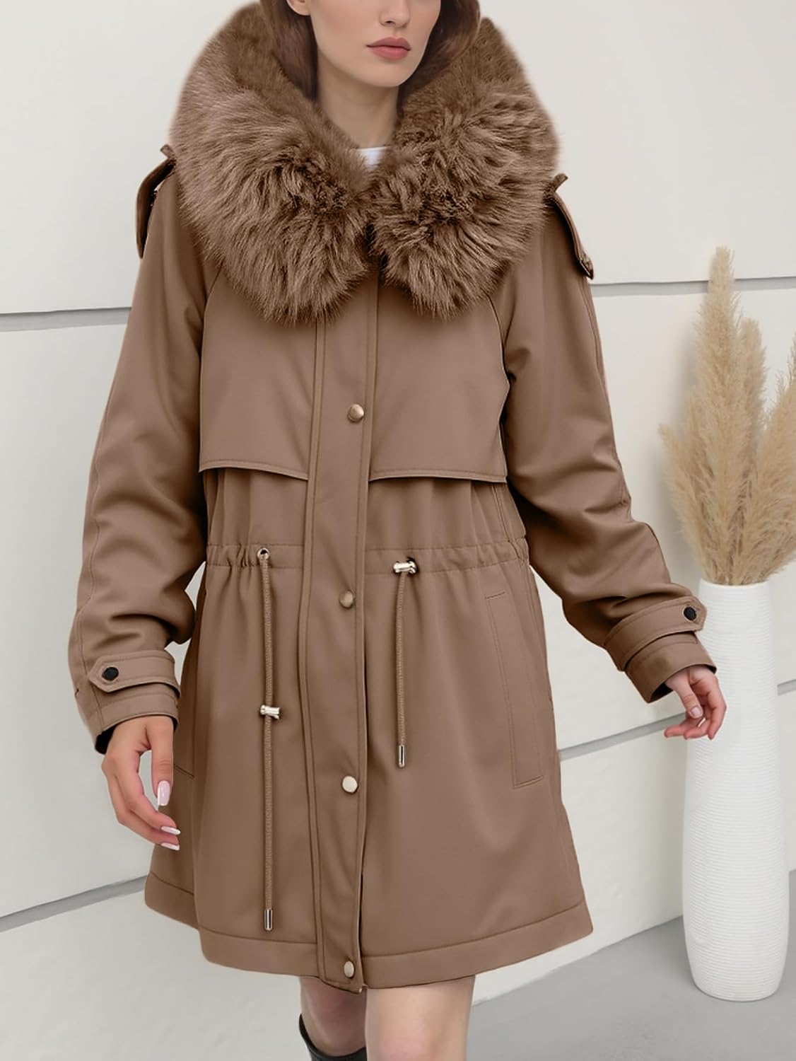 Women Warm Thicken Winter Parka Coat Fleece Lined Military Full-Zip Jacket Overcoat with Fur Hood