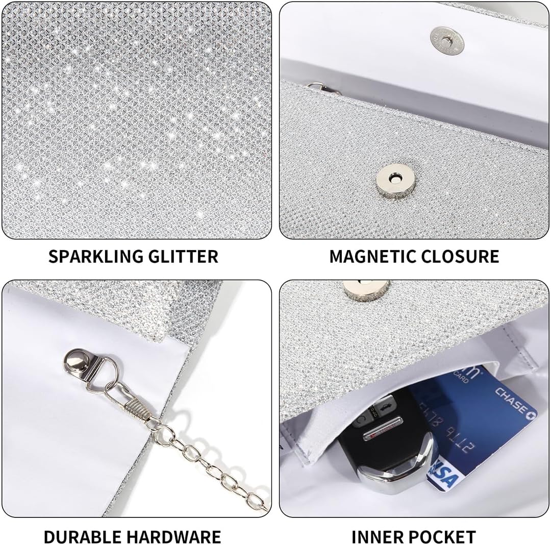 Women's Silver Glitter Clutch Purse with Detachable Chain Strap