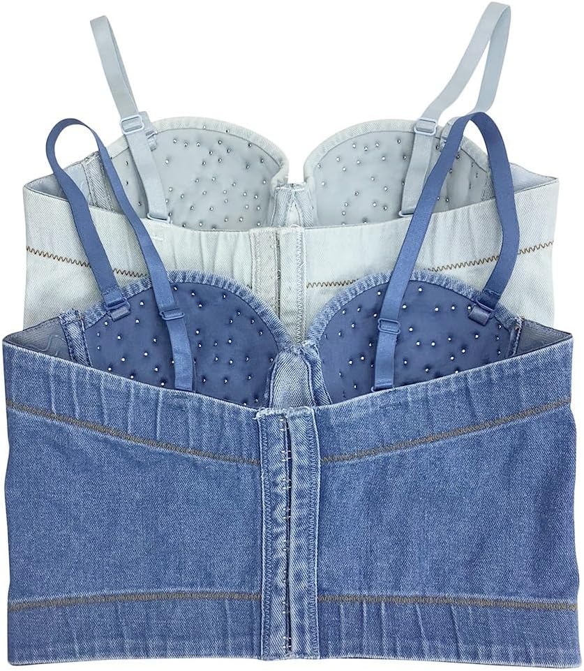 Women's Pearl Beaded Denim Bustier Crop Cami Top