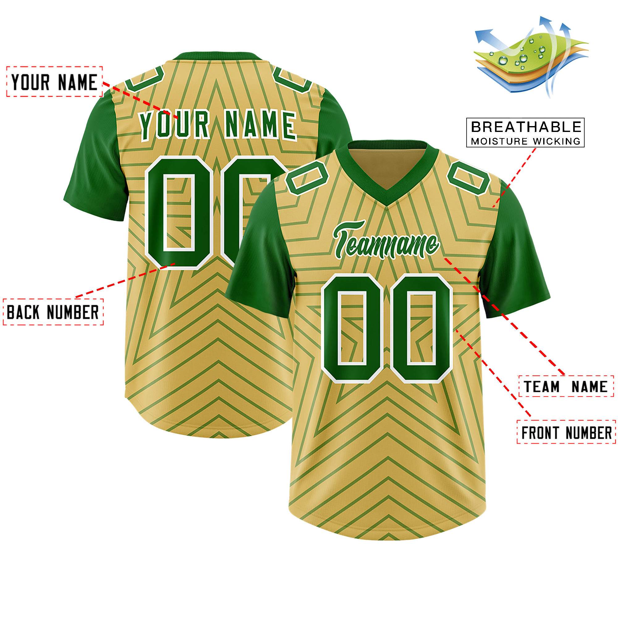 Individuell personalisiertes, authentisches Fußballtrikot mit Raglanärmeln und Sternenmuster