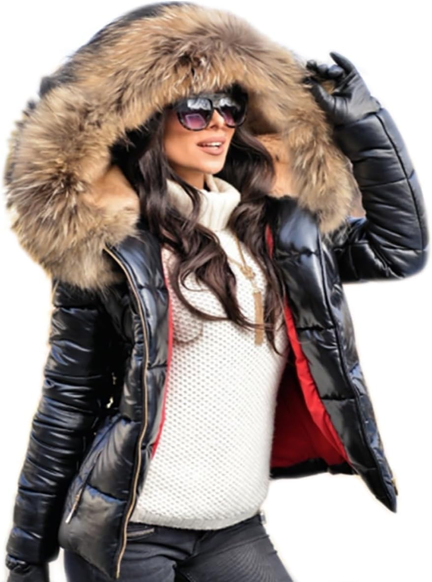 Women's Short Glossy Puffer Jacket Faux Fur Hood Black