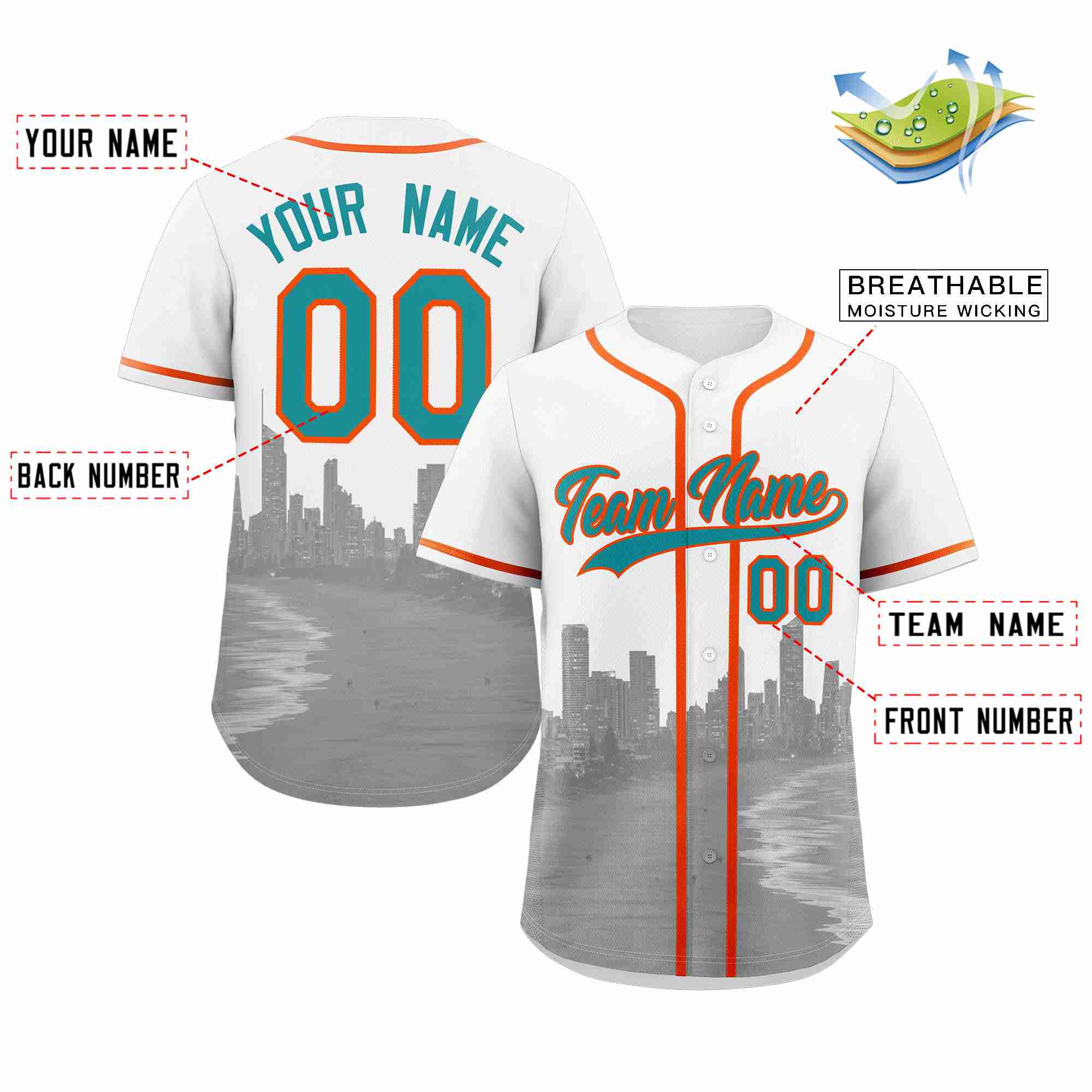 Benutzerdefiniertes Miami City Skyline Baseball-Trikot Benutzerdefiniertes Miami City Skyline Baseball-Trikot