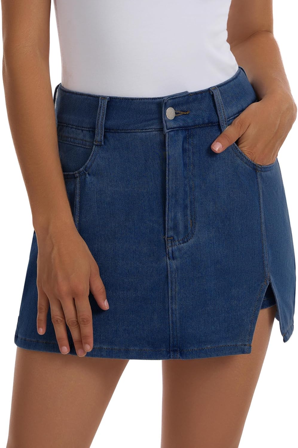 Women's High Waisted Side Slit Denim Skort Blue