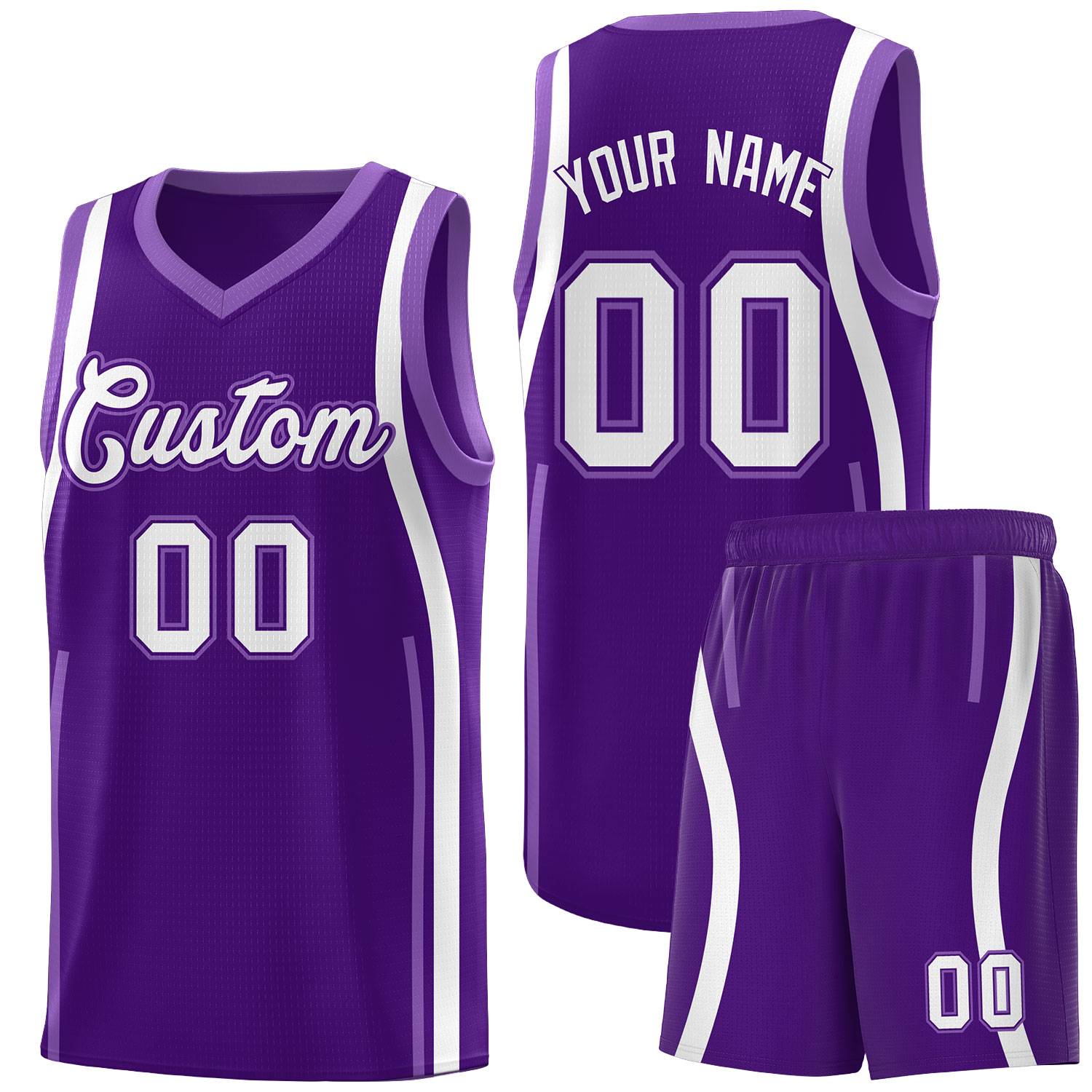 Benutzerdefinierte lila helllila-weiße Bandmuster-Basketball-Kits