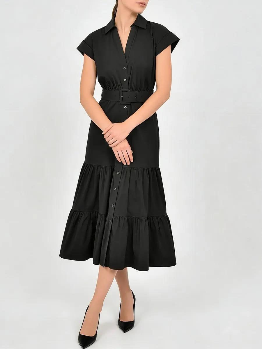 Women's Belted Shirt Midi Dress Collared Short Sleeve Black
