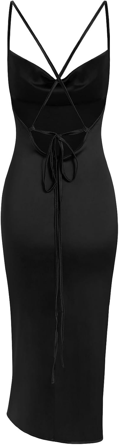 Women's Black Satin Slip Dress Cowl Neck Ruched Nightgown