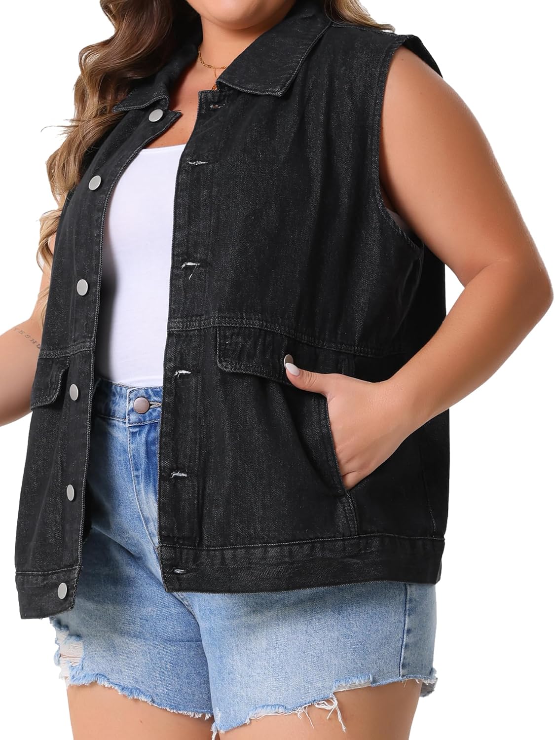 Women's Oversized Denim Vest Button Down Washed Black Shacket